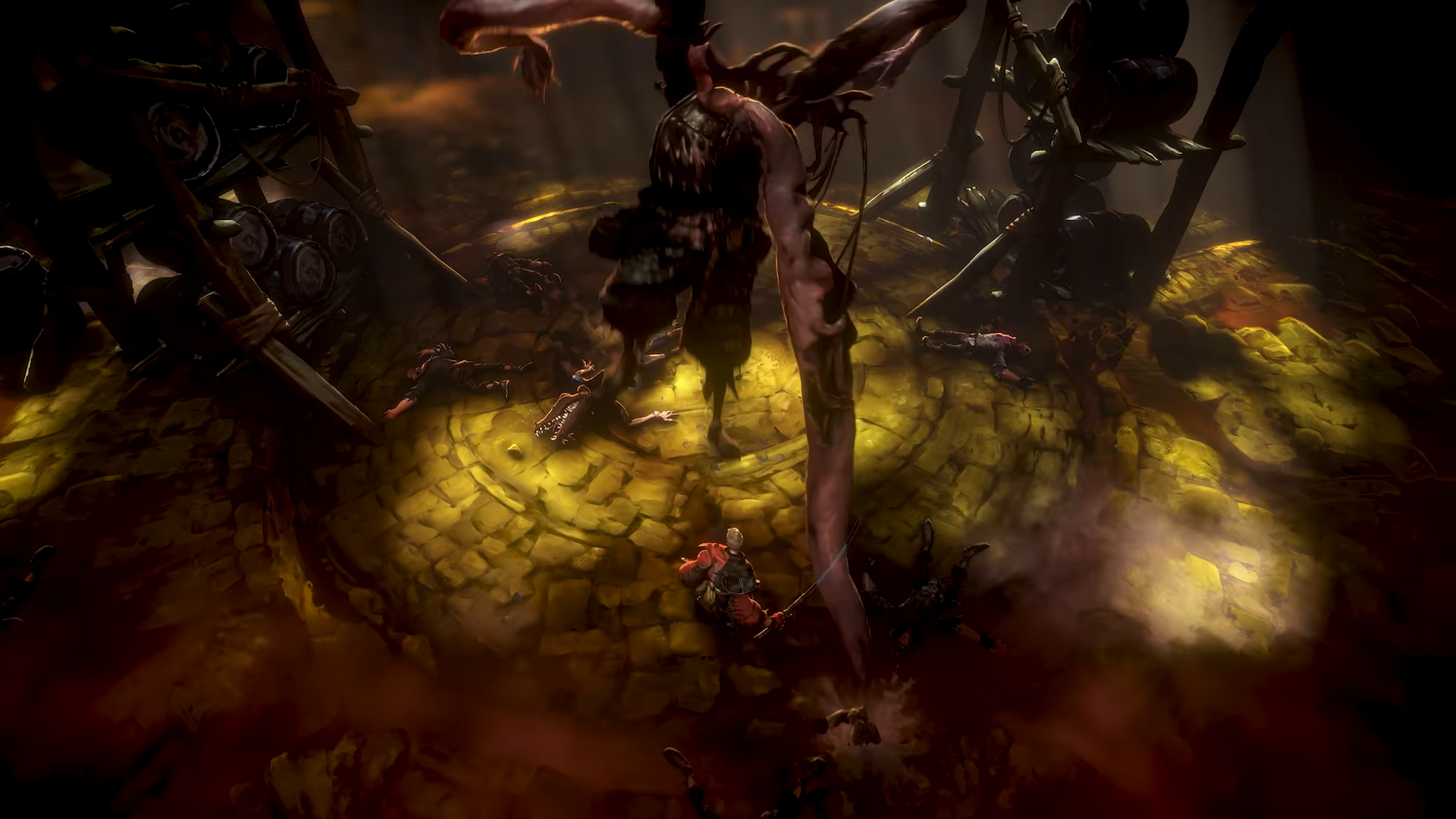 Imagem de Darak Falstead com tentáculos brotando de suas costas em No Rest for the Wicked.