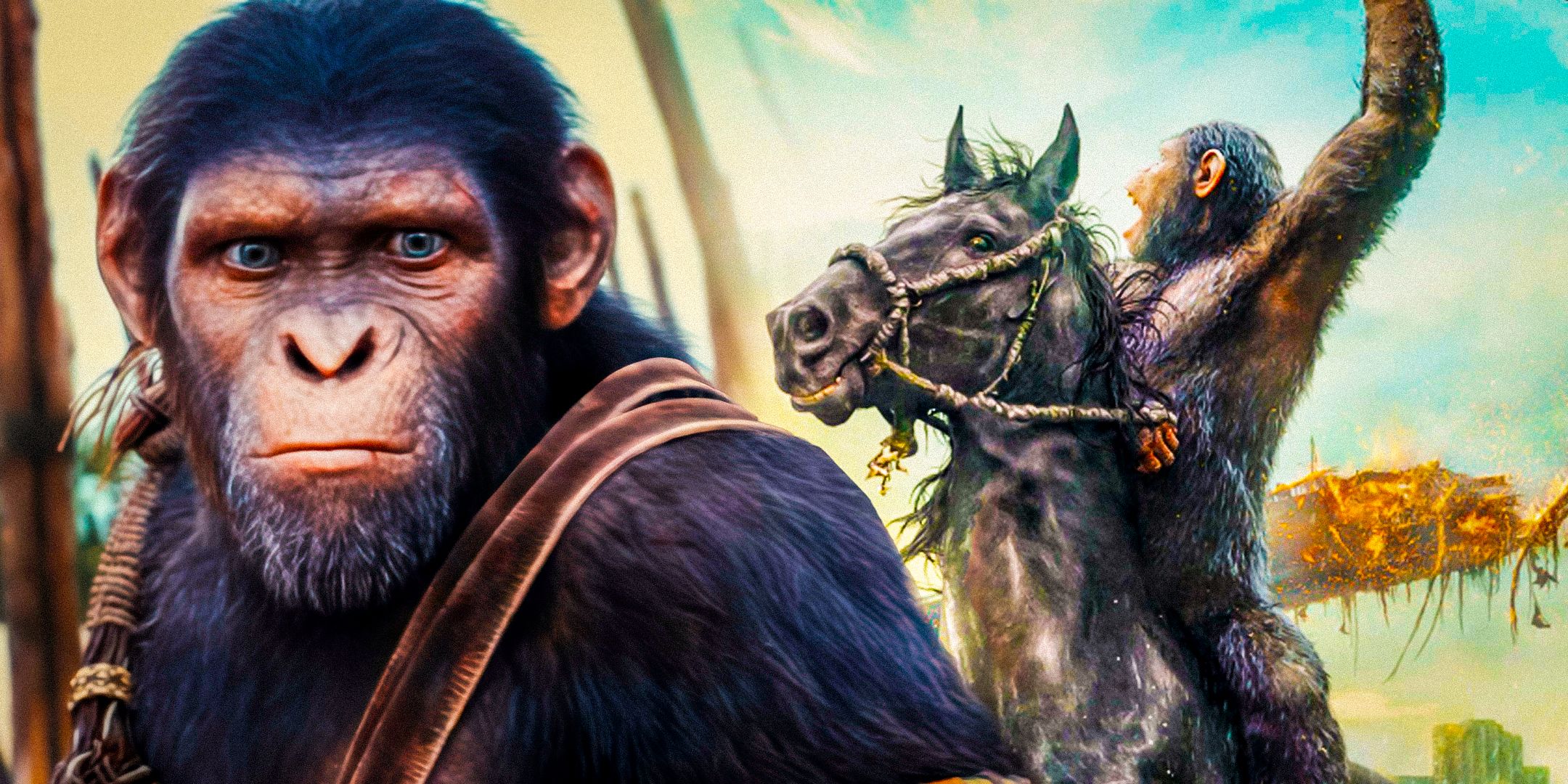 An ape rides a horse while Noa from Kingdom of the Planet of the Apes looks worried.