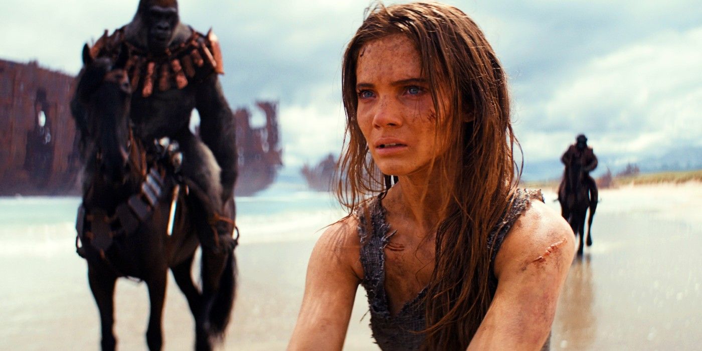 Mae walking along the beach as the apes' prisoner in Kingdom of the Planet of the Apes