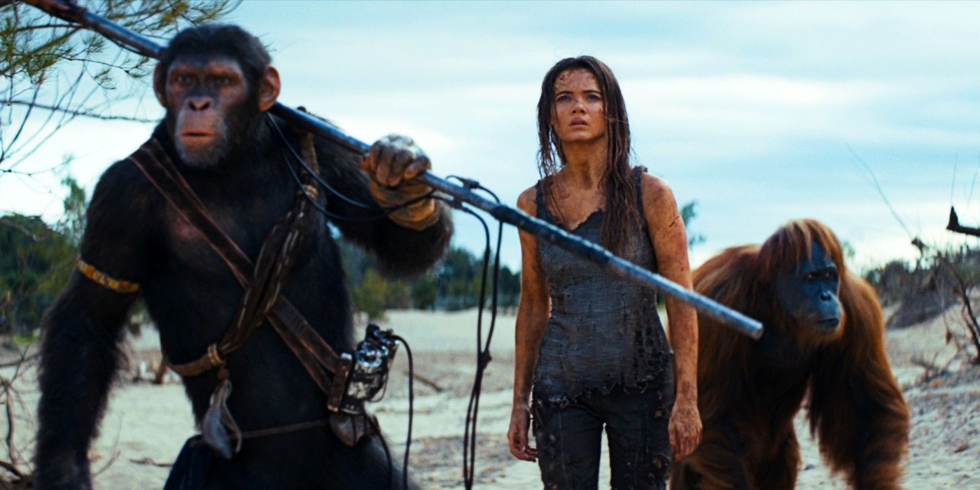 Noa, Rakka, and Mae stand on a bridge ready to fight in Kingdom of the Planet of the Apes 