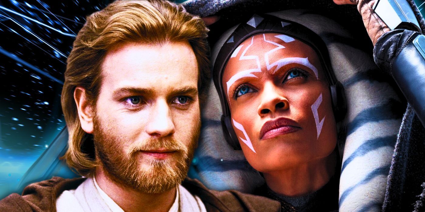 Ewan McGregor as Obi-Wan Kenobi to the left and Rosario Dawson as Ahsoka Tano to the right in a combined image