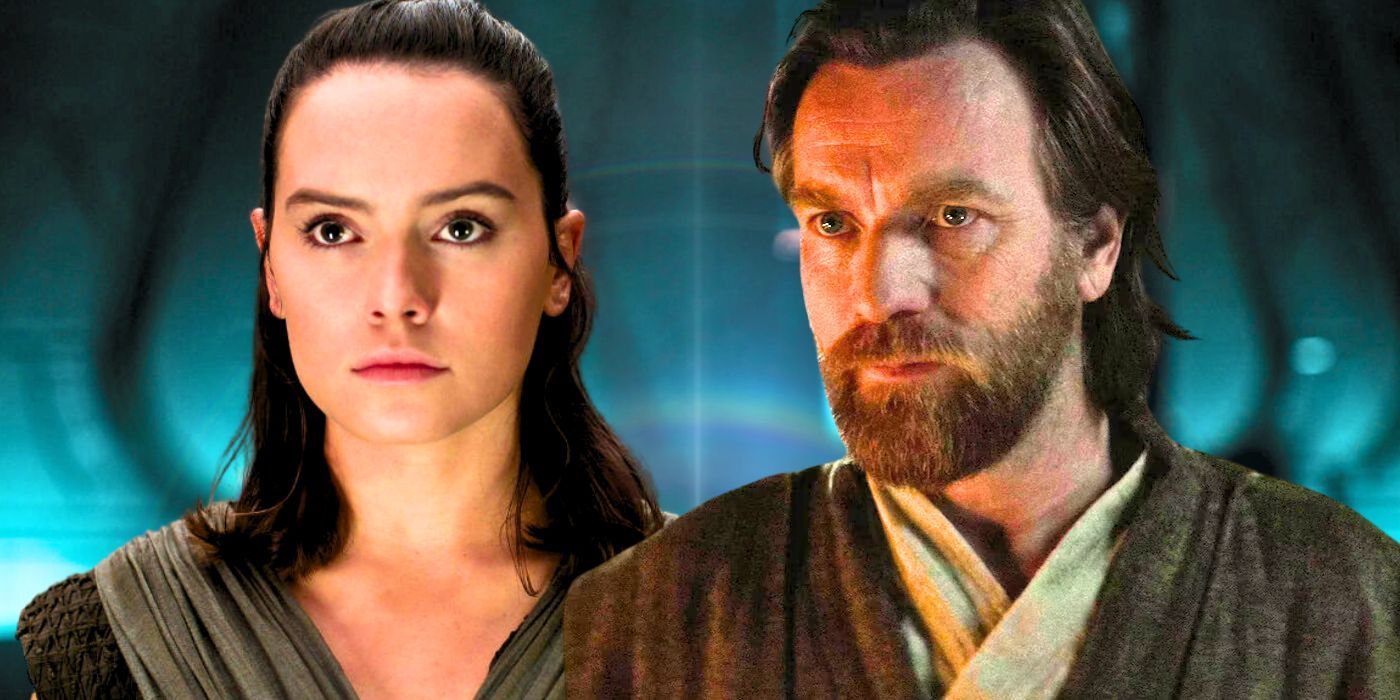 A combined image of Daisy Ridley as Rey in The Last Jedi to the left and Ewan McGregor as Obi-Wan Kenobi in the Obi-Wan Kenobi show to the right both looking forward with serious expressions