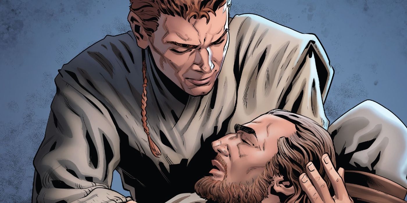 Obi-Wan segurando o corpo de Qui-Gon após o duelo dos destinos