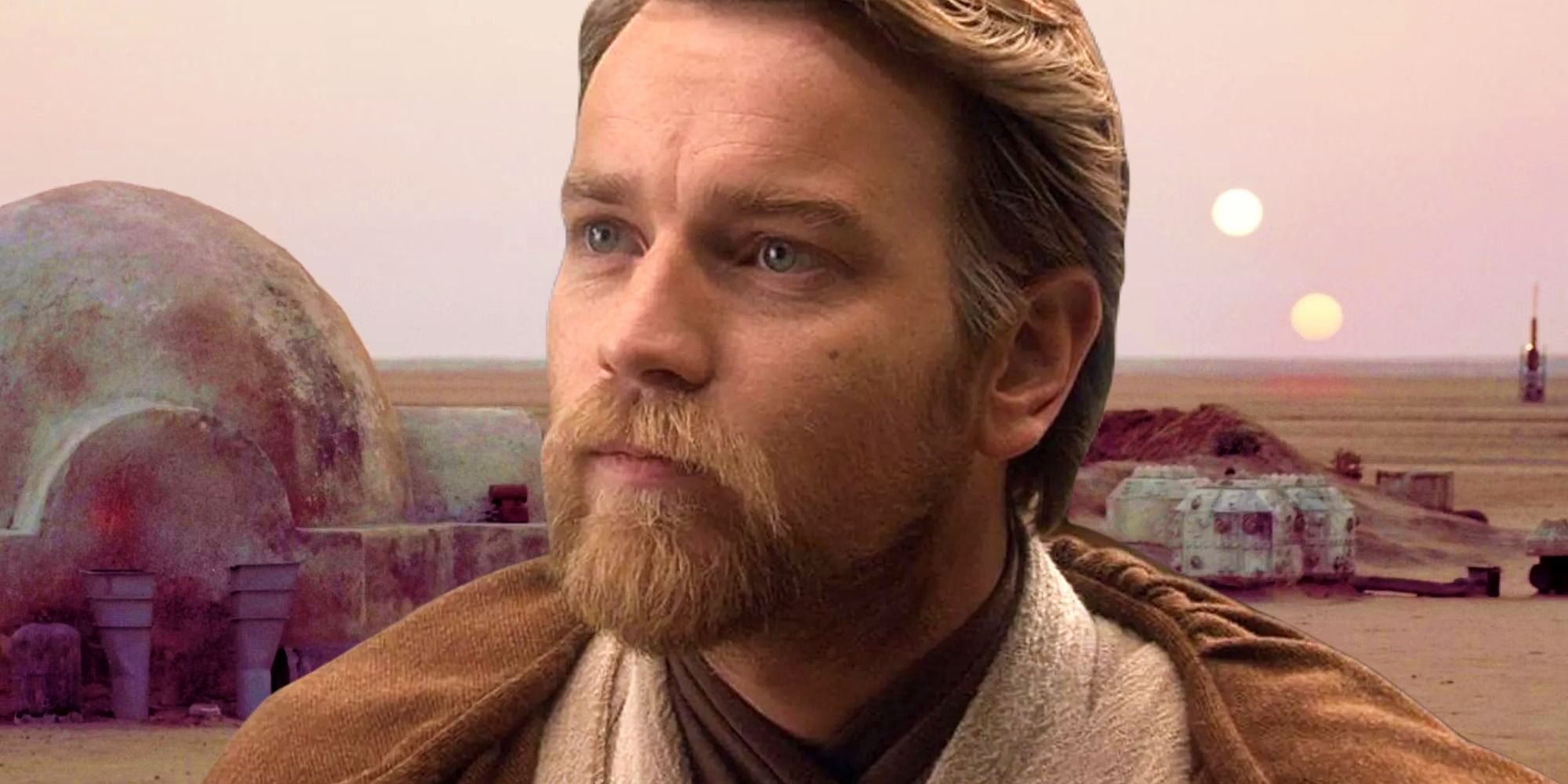 Obi-Wan from Revenge of the Sith in front of Tatooine from A New Hope