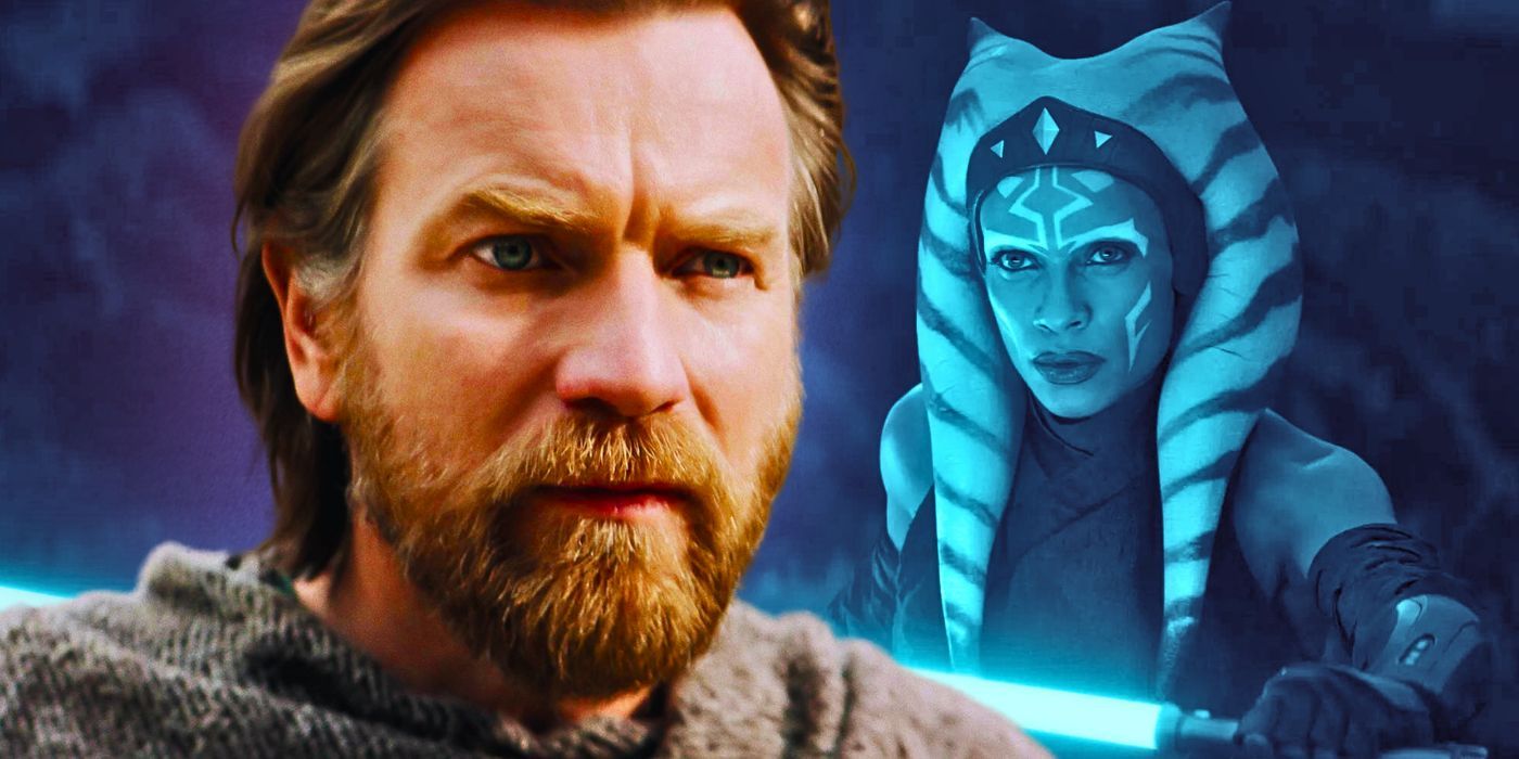 Ewan McGregor as Obi-Wan Kenobi in the Obi-Wan Kenobi show to the left and Rosario Dawson as Ahsoka Tano to the left in a blue hue in a combined image