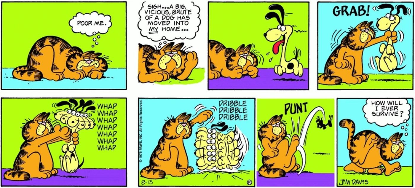 Garfield bate em Odie depois de se preocupar em como ele sobreviverá em uma casa com um cachorro