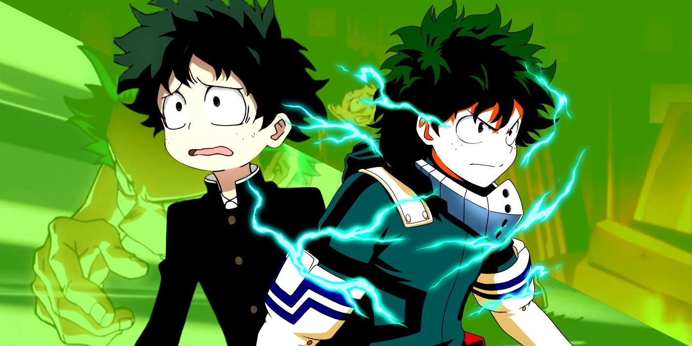 Deku in his Aldera High uniform looking scared standing along older Deku in his Hero suit looking determined