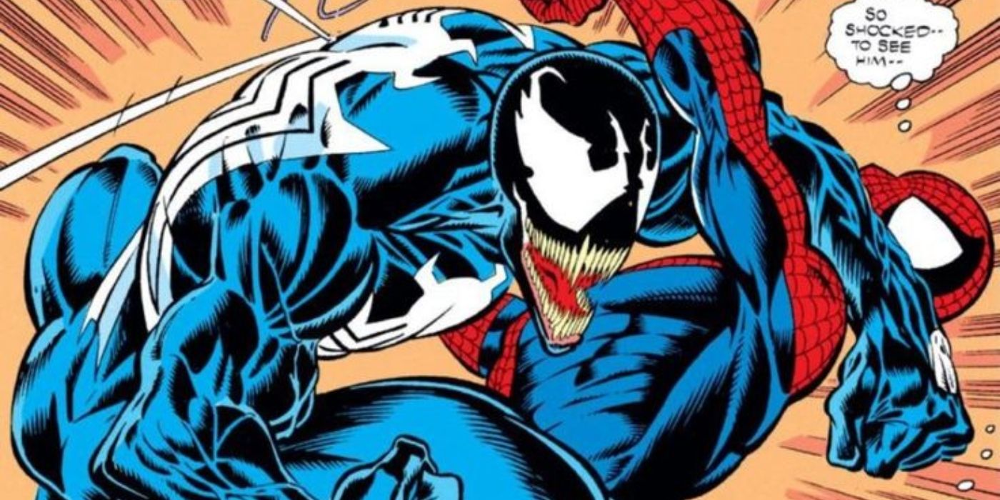 Venom e Homem-Aranha trocando golpes.