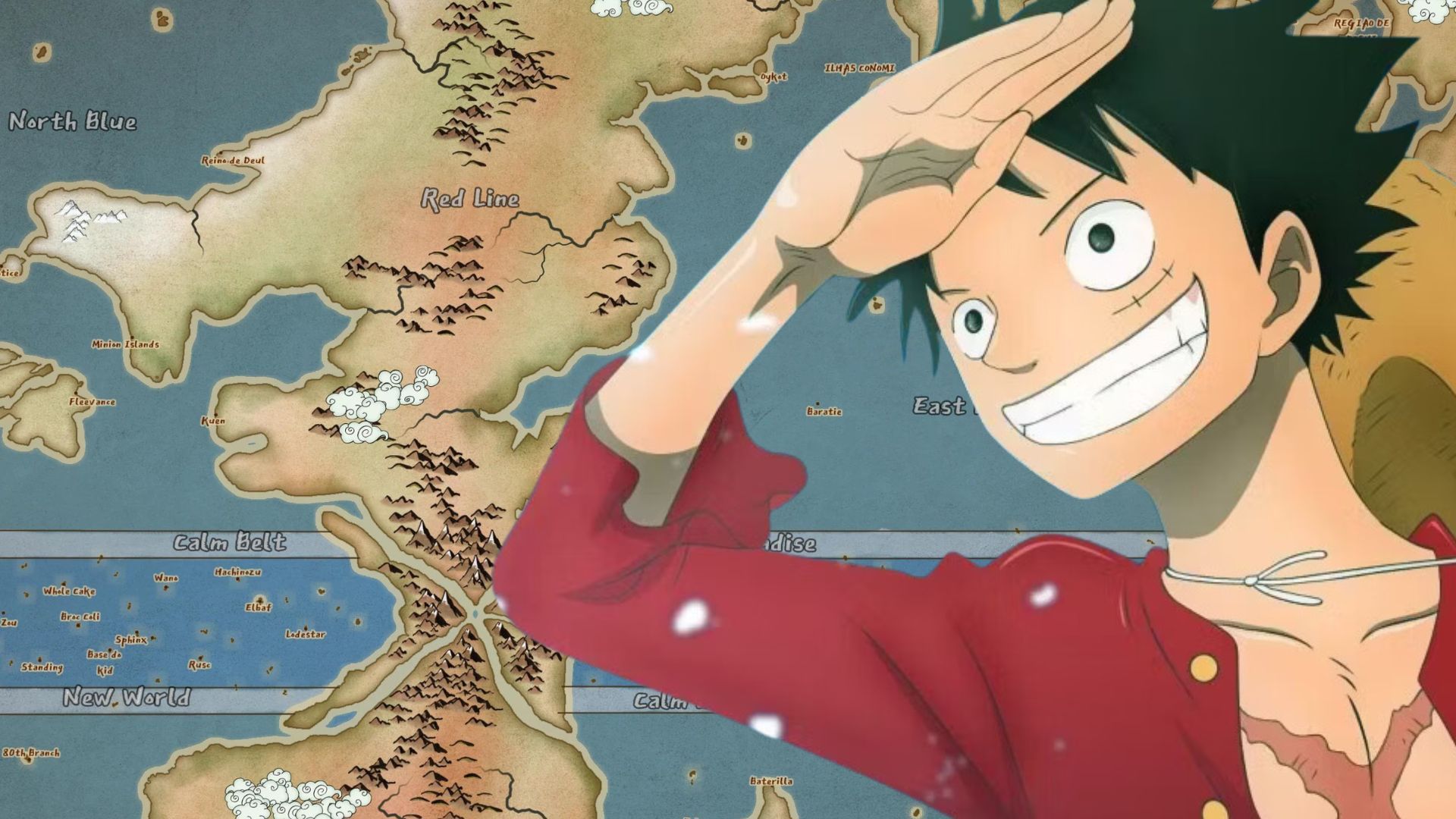 Luffy with a background picture of the map of the One Piece world.