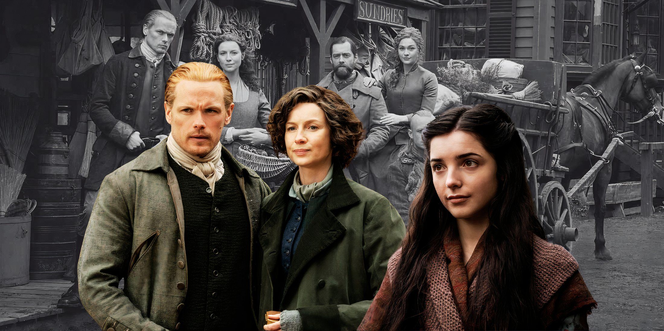 Outlander characters Jamie, Claire, and Malva appear over an image of the Fraser family in Outlander Season 6