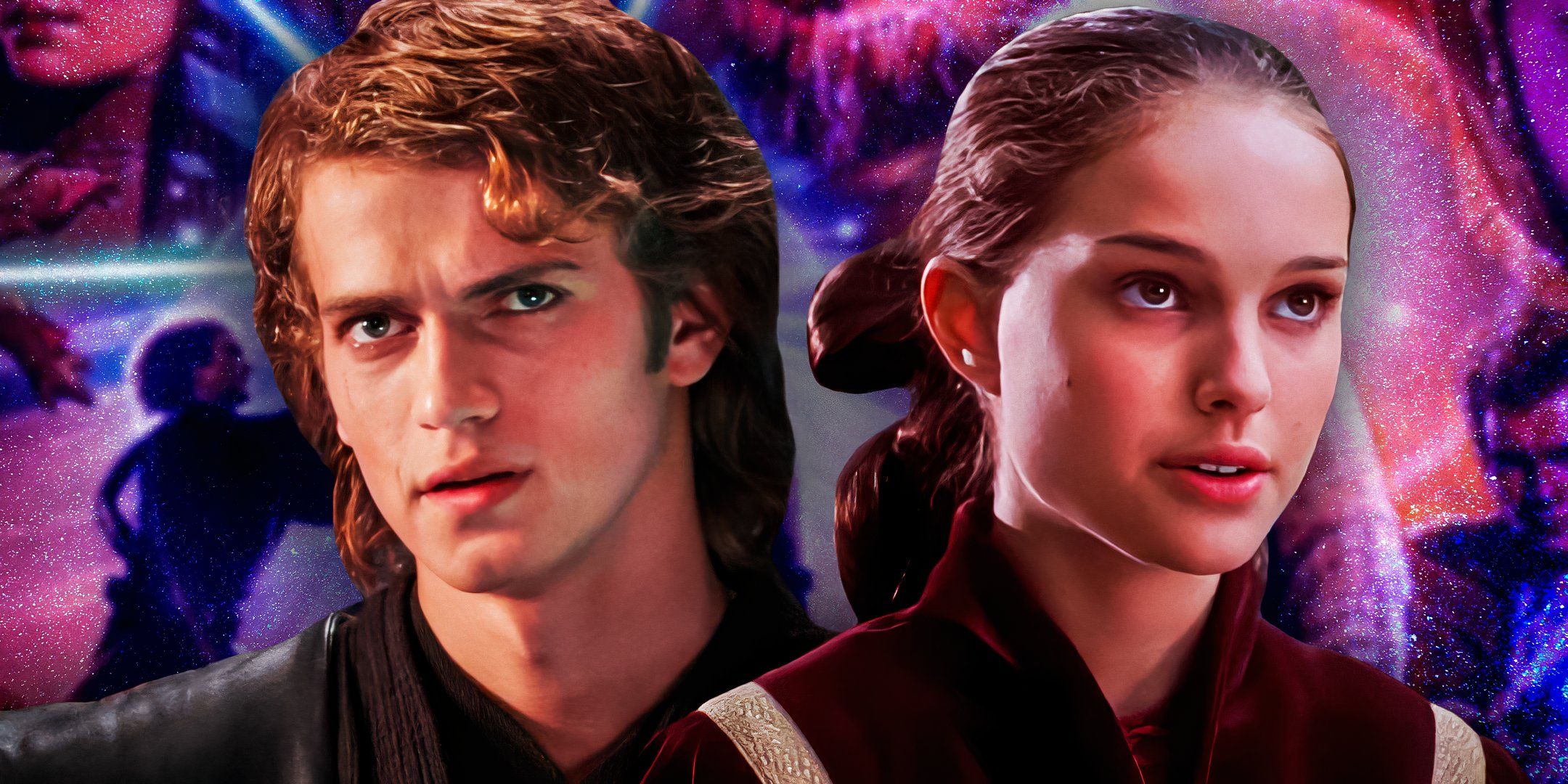 Hayden Christensen's Anakin Skywalker and Natalie Portman's Padmé Amidala in the Star Wars prequels, edited over a poster