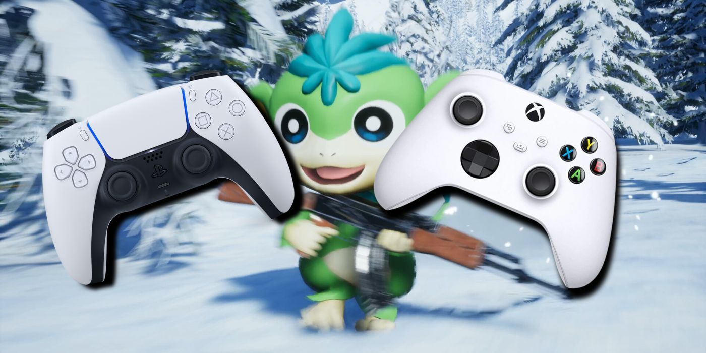 A PS5 DualSense controller and an Xbox Series S controller flanking a Tanzee with an AK-47 in Palworld