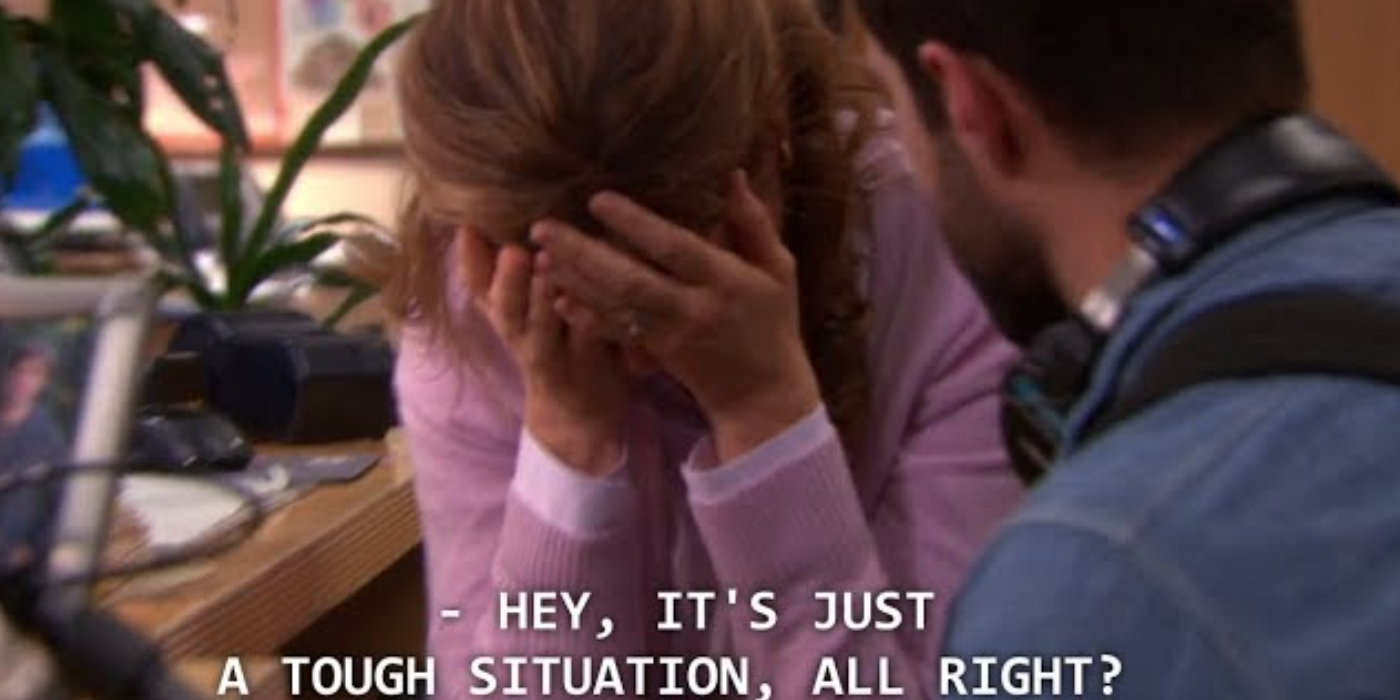 Pam crying and Brian in The Office