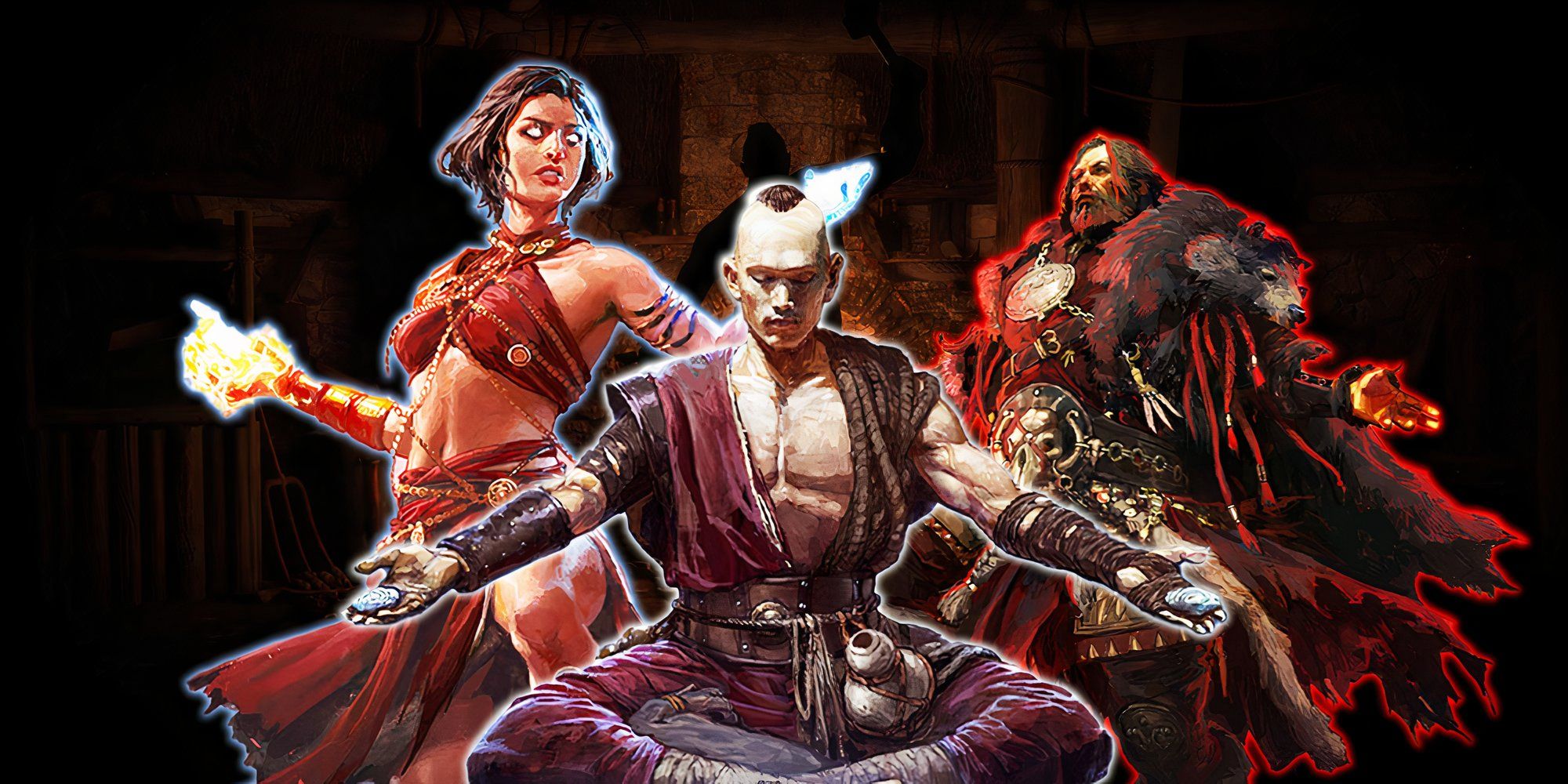 Path of Exile 2 characters a monk, druid, and sorcerous.