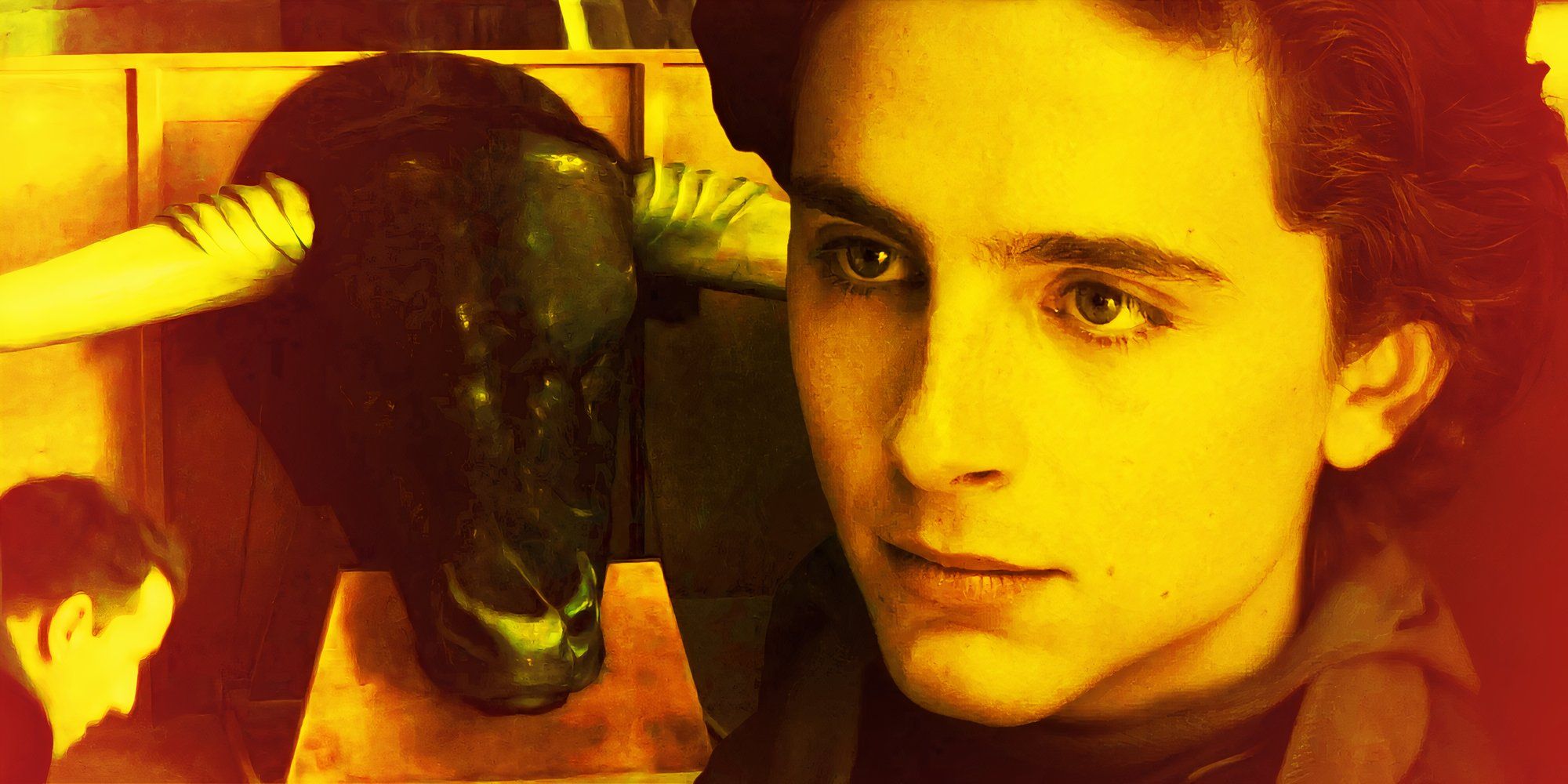 Paul Atreides (Timothee Chalamet) in front of Duke Leto Atreides' bull head statue in Dune