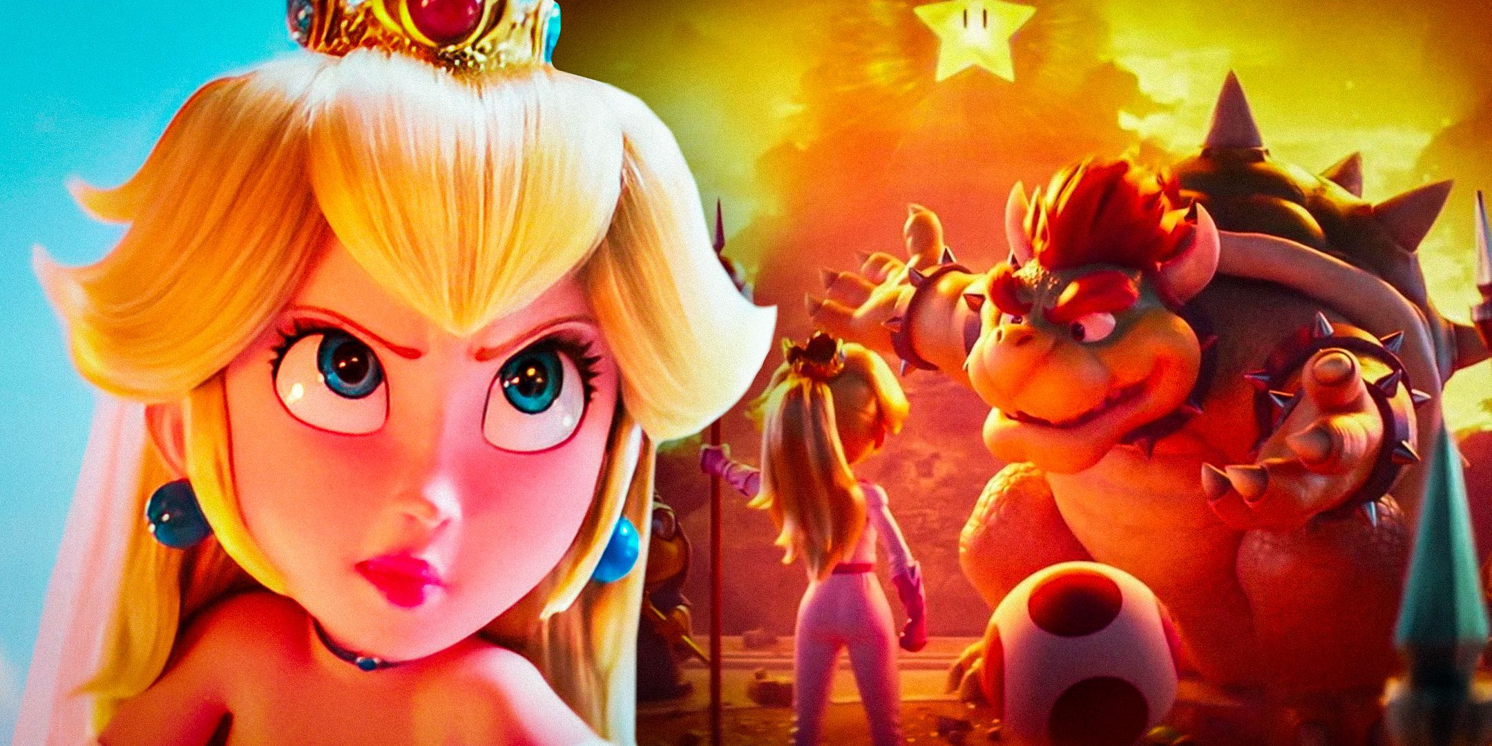 Split image of Peach from The Super Mario Bros. Movie and Toad, Peach, and Bowser