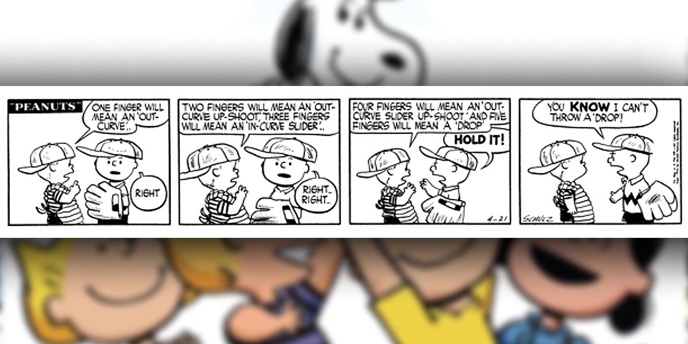 Quadrinhos de amendoim onde Charlie Brown recebe instruções de beisebol hilariamente complexas