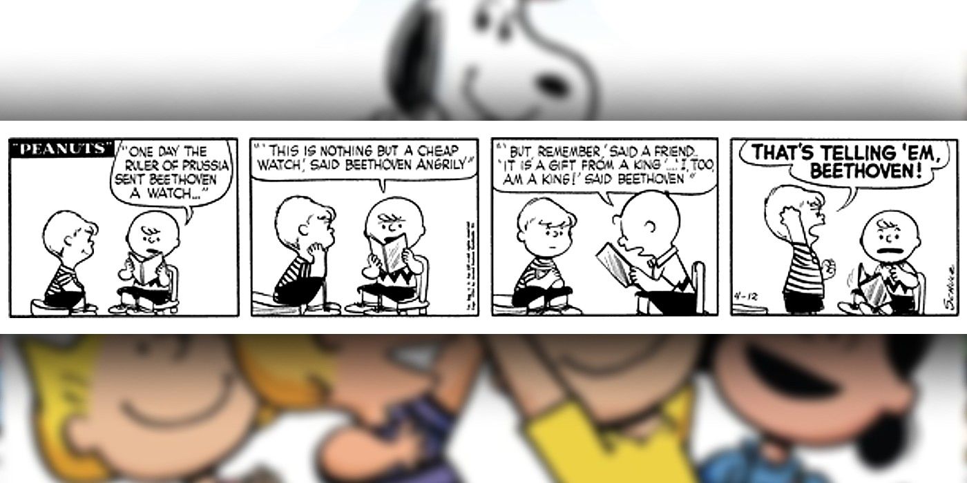 Quadrinhos de amendoim onde Charlie Brown lê para Schroeder uma anedota sobre Beethoven-1