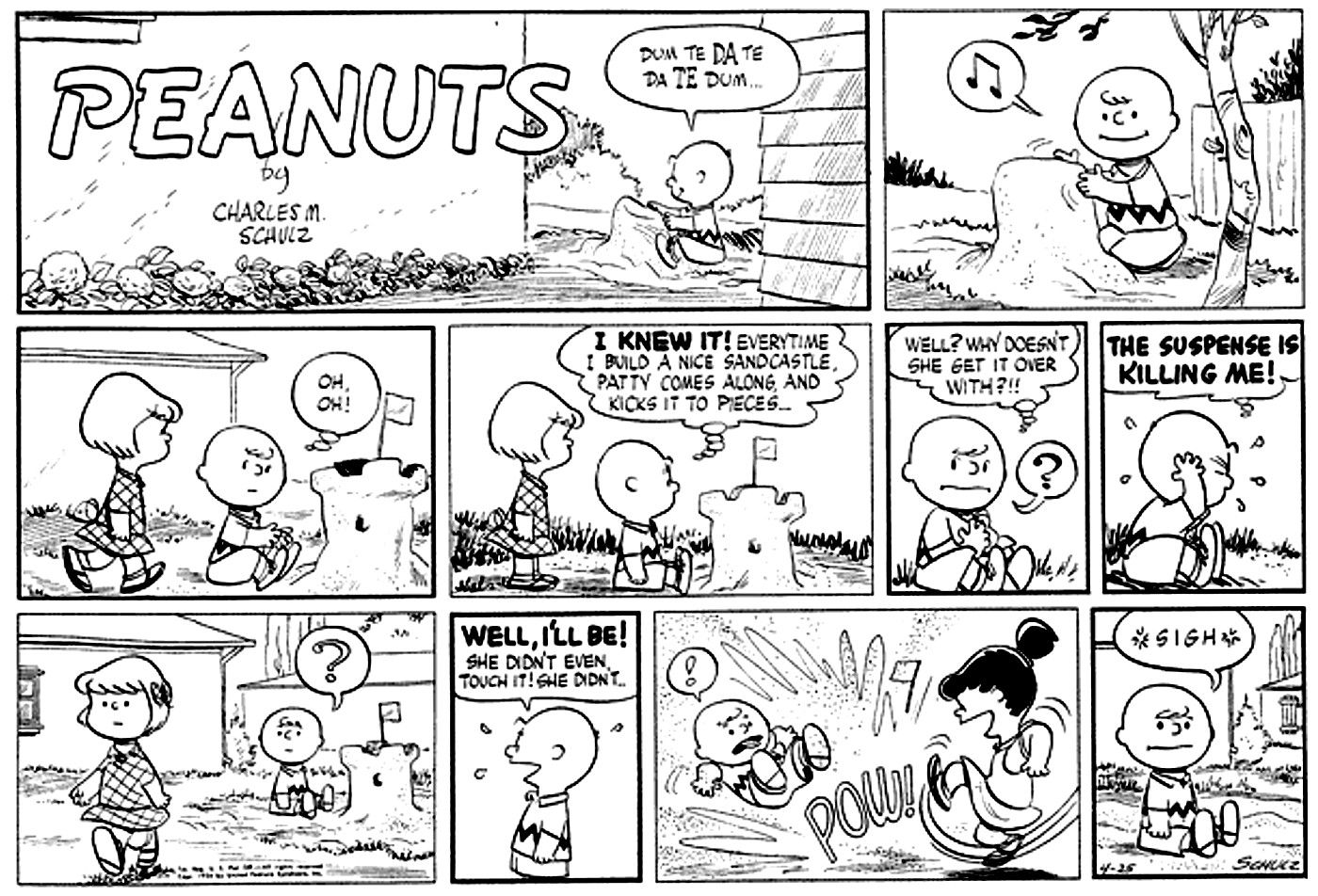 Quadrinhos de amendoim onde o castelo de areia de Charlie Brown é derrubado