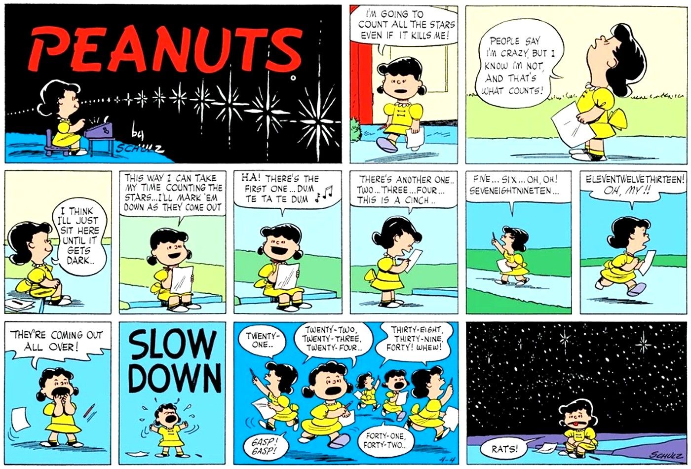 Quadrinhos de amendoim onde Lucy tenta contar todas as estrelas no céu