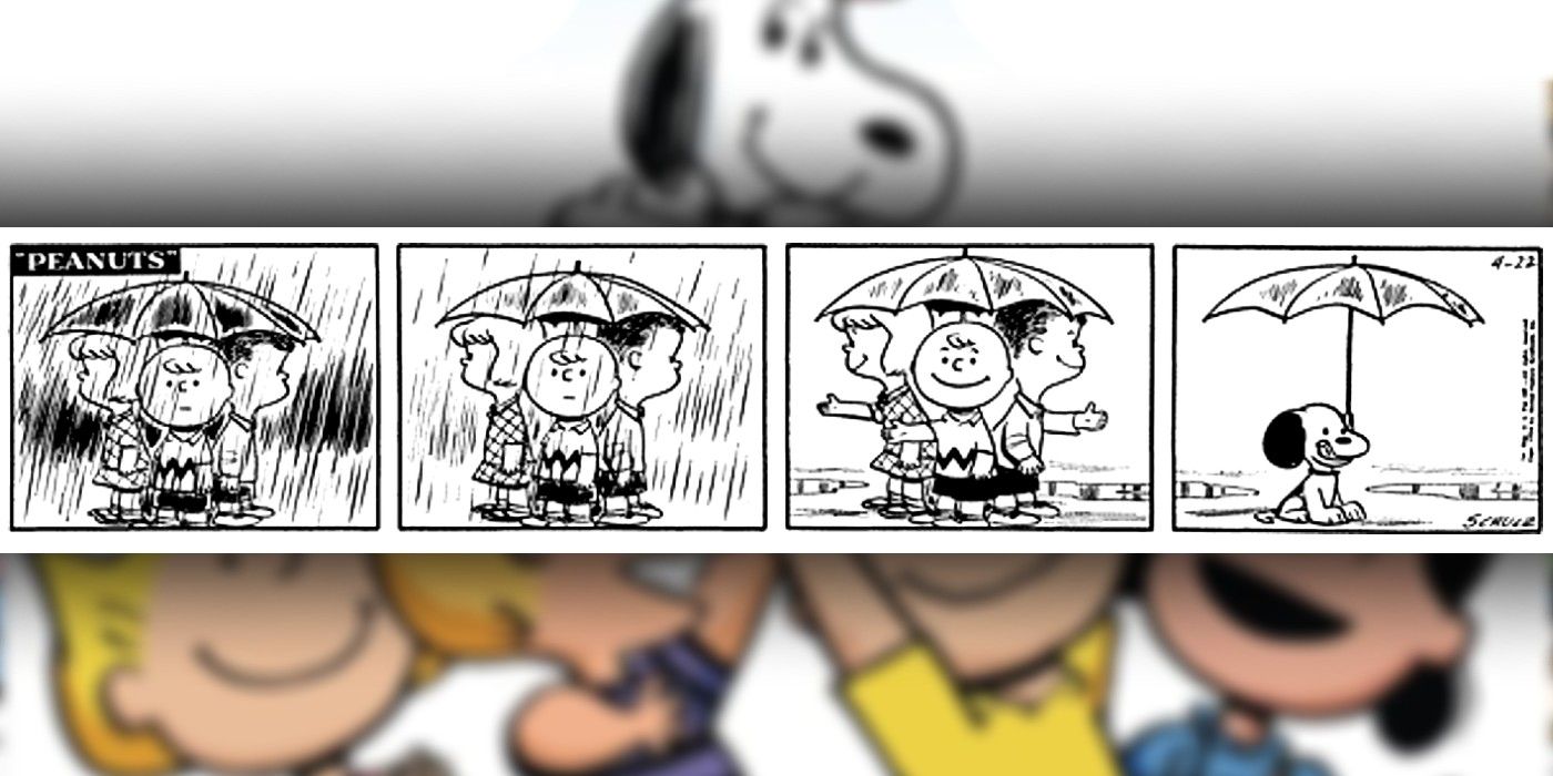 Quadrinhos de amendoim onde Snoopy segura um guarda-chuva para Charlie Brown e amigos
