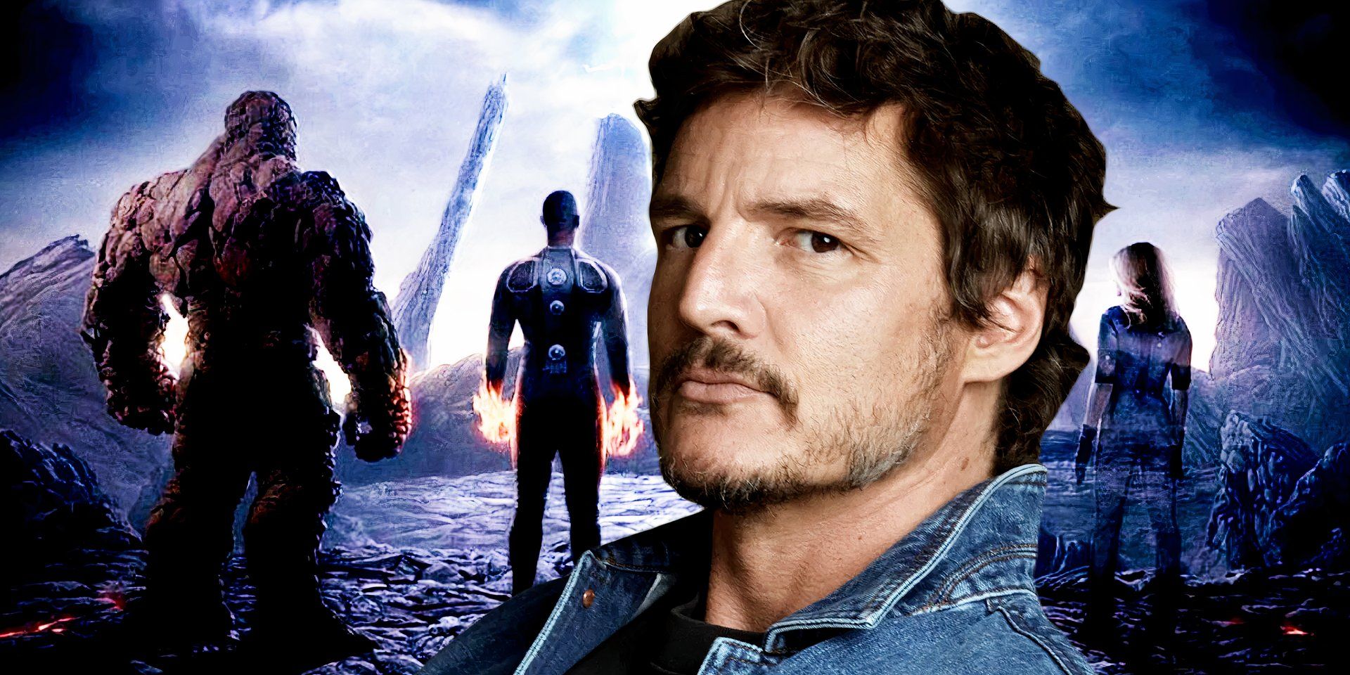 Pedro Pascal in front of the cast of 2015's Fantastic Four