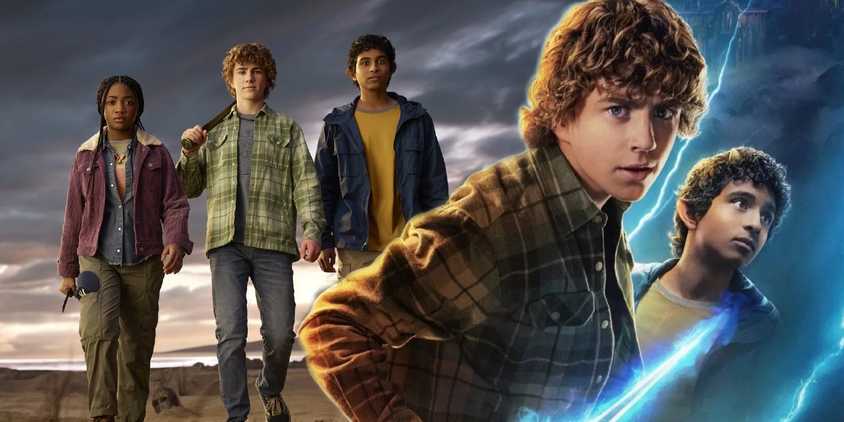 A composite image of Percy and Grover looking on triumphantly in front of Percy, Grover, and Anabeth walking across a barren plane in Percy Jackson