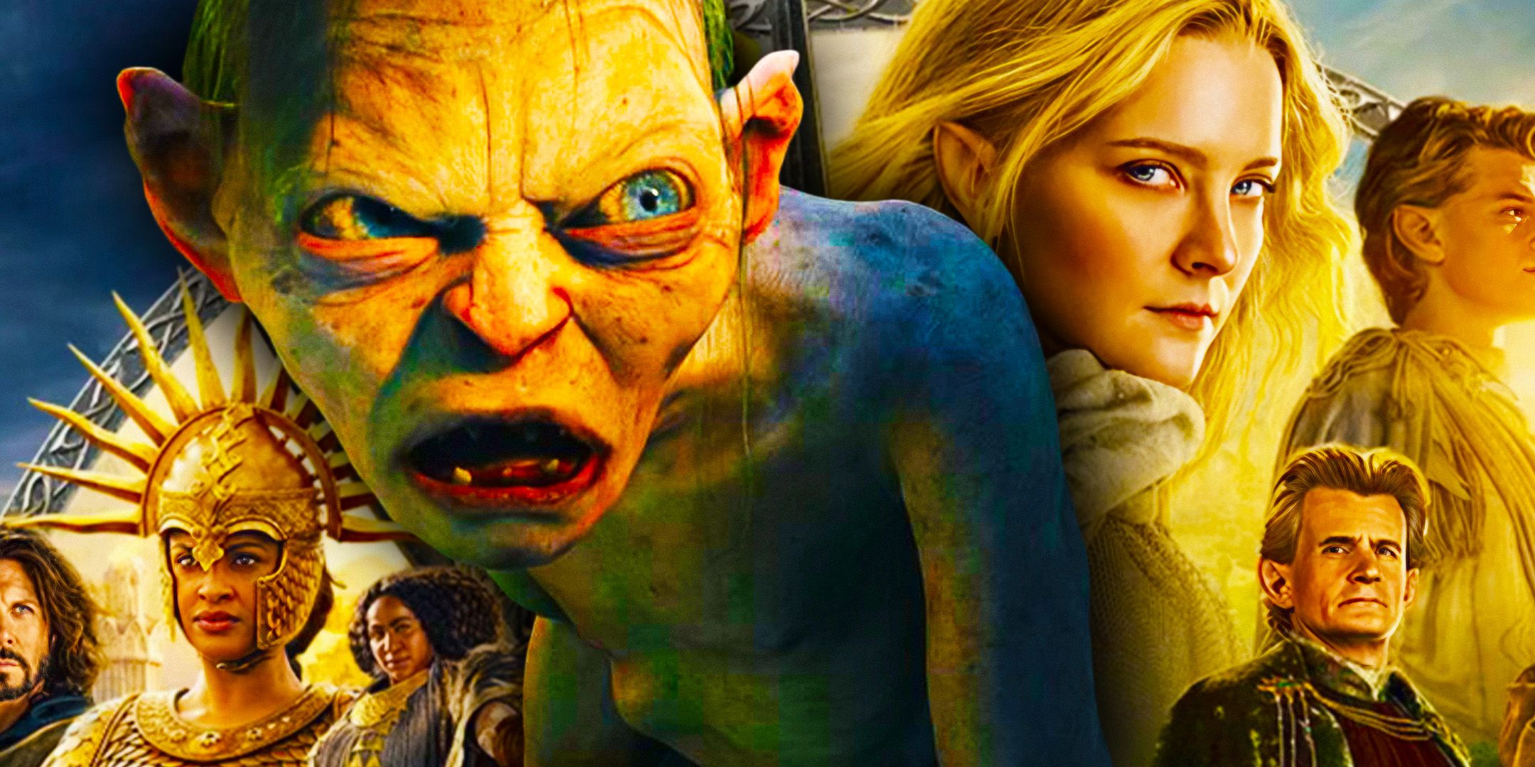 An image of Gollum from The Lord of the Rings over an image of The Rings of Power cast