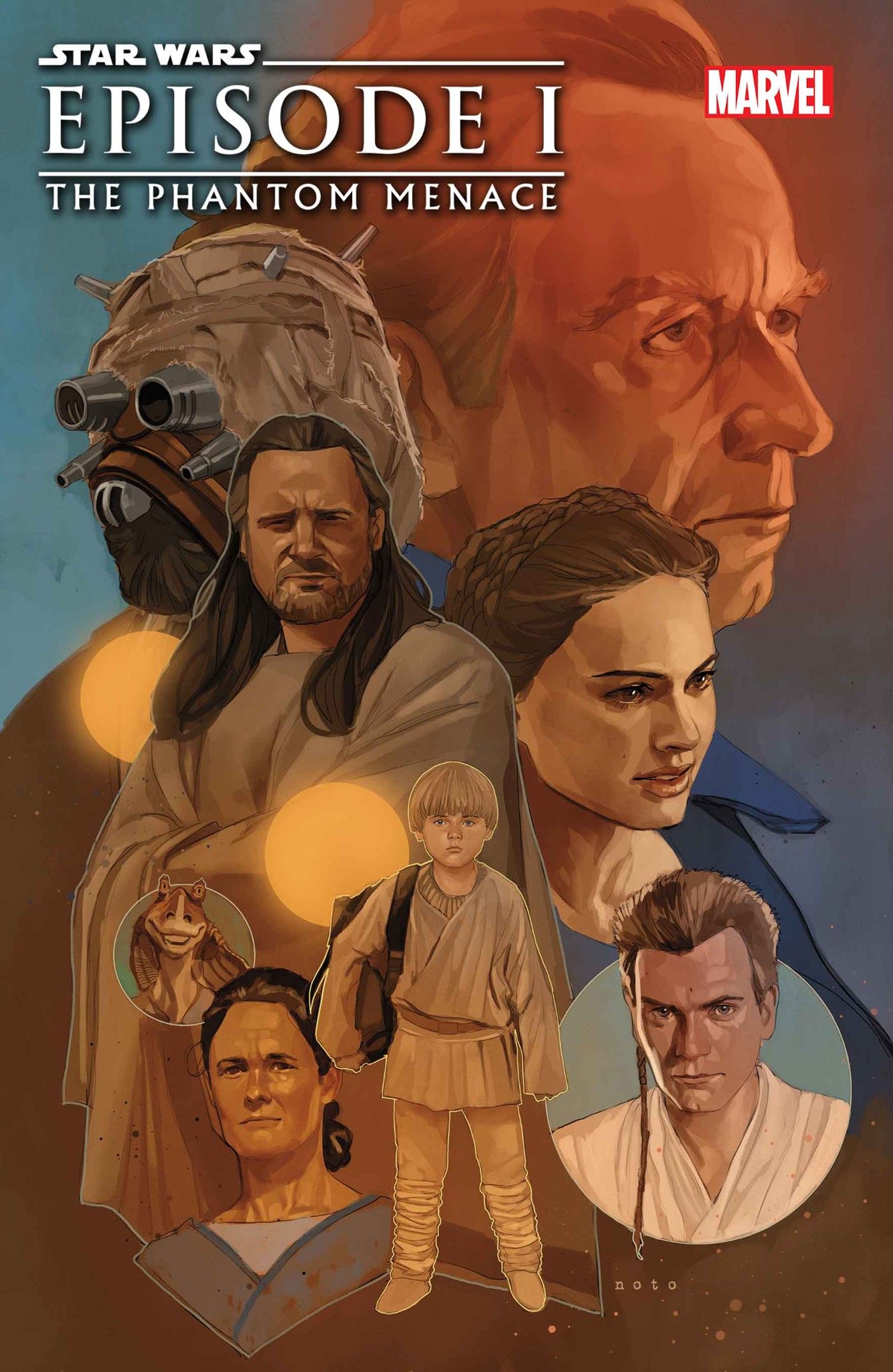 Palpatine, Tusken Raider, Qui-Gon Jinn, Padme, Jar Jar Binks, Anakin, Shmi Skywalker e Obi-Wan Kenobi em close na capa do especial de 25 anos de Star Wars The Phantom Menace #1 da Marvel Comics