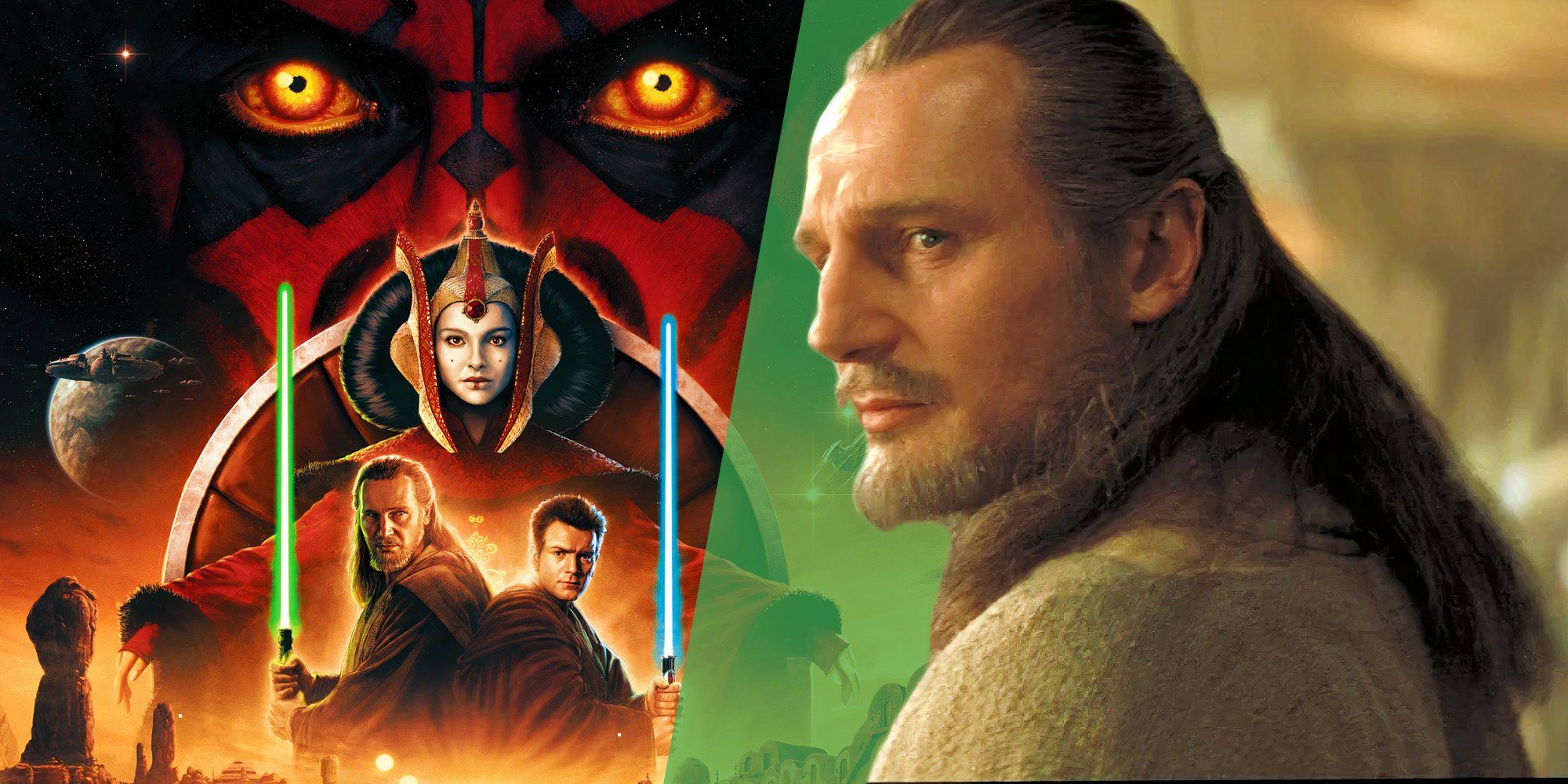 The poster for the 25th anniversary of Star Wars: The Phantom Menace (1999) next to Liam Neeson as Qui-Gon Jinn