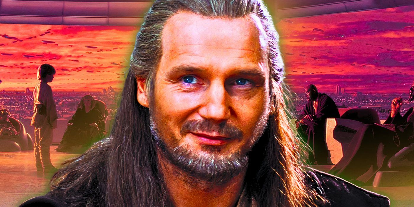 Liam Neeson sorrindo como Qui-Gon Jinn no topo de uma cena envolvendo o Conselho Jedi de Star Wars: The Phantom Menace (1999)