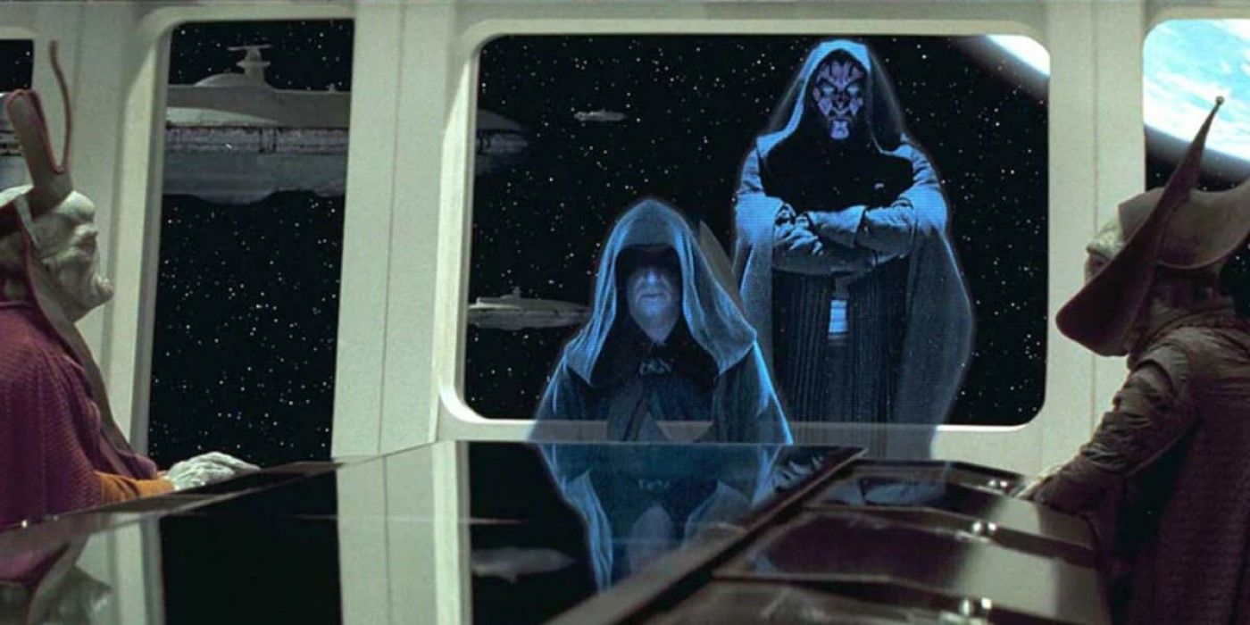 Darth Sidious (Palpatine) and Darth Maul speak to Nute Gunray and Rune Haako via hologram in Star Wars The Phantom Menace.
