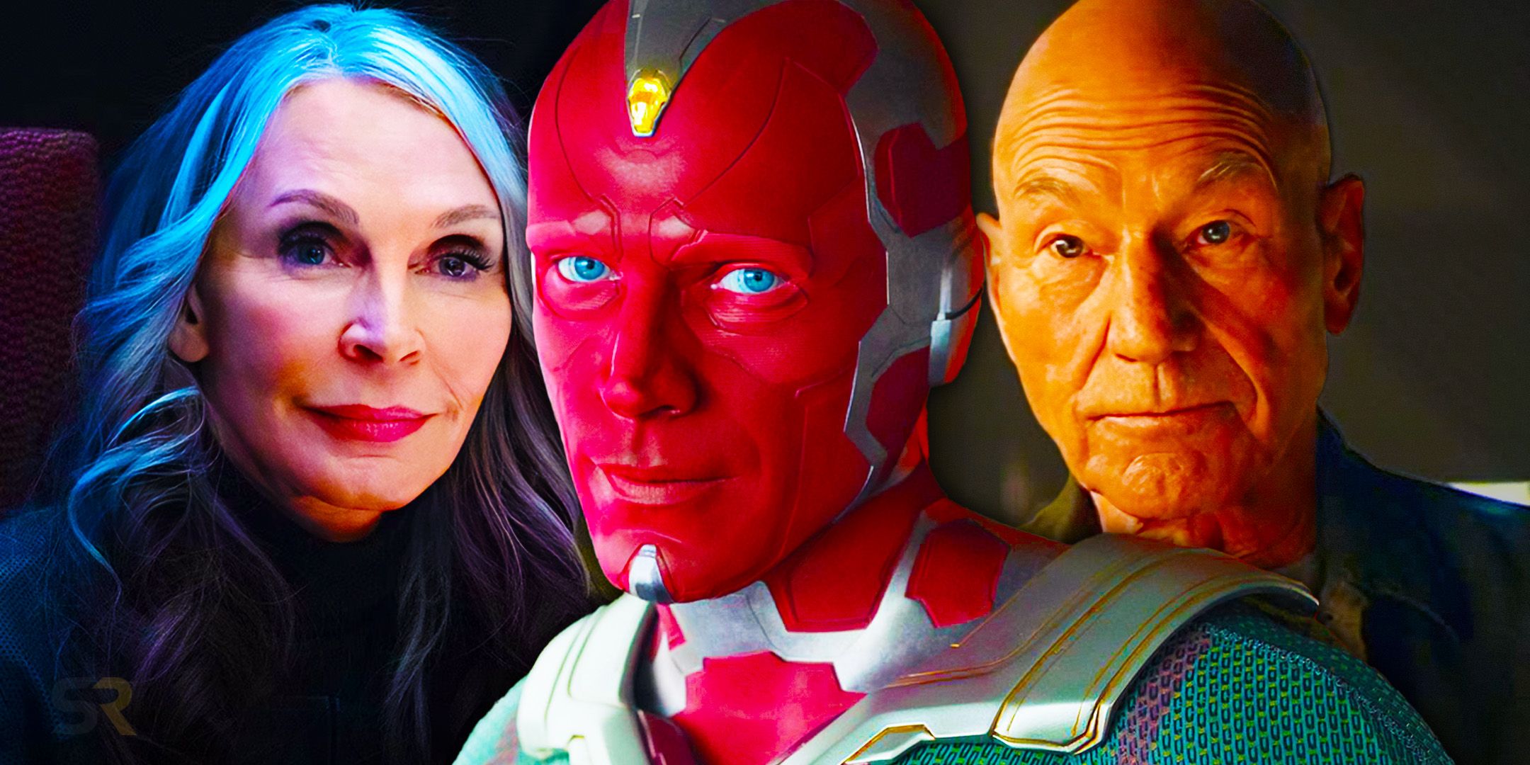 Dr Beverly Crusher and Admiral Picard behind Paul Bettany as Marvel&rsquo;s Vision