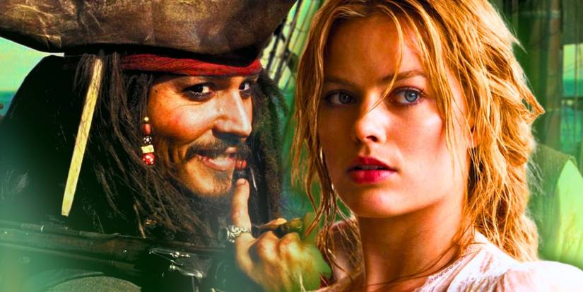 Johnny Depp as Jack Sparrow next to Margot Robbie