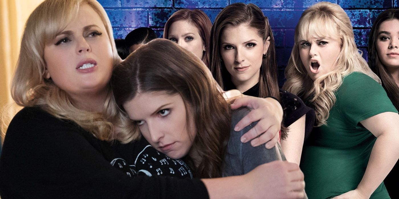 A composite image of Fat Amy hugging Becca in front of the cast of Pitch Perfect