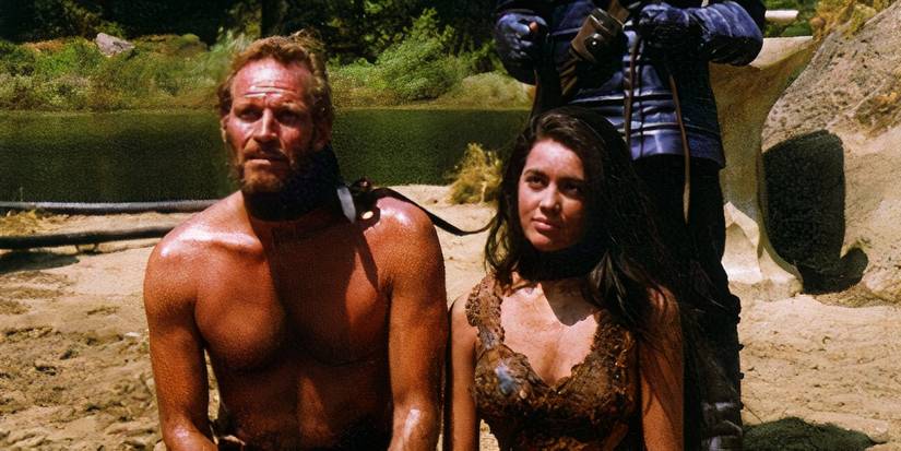 Colonel George Taylor (Charlton Heston) and Nova (Linda Harrison) captured in Planet of the Apes, 1968.