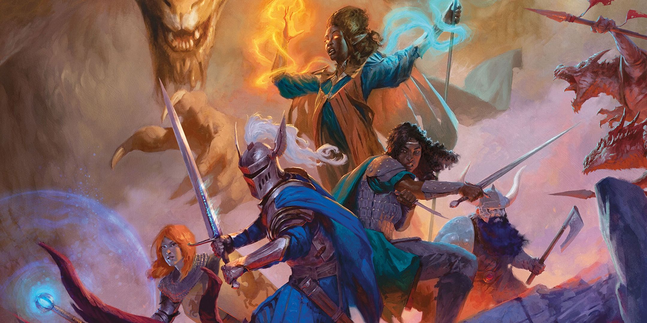Arte da capa do Manual do Jogador de D&D 2024 mostrando um grupo de aventureiros com um dragão aparecendo atrás.