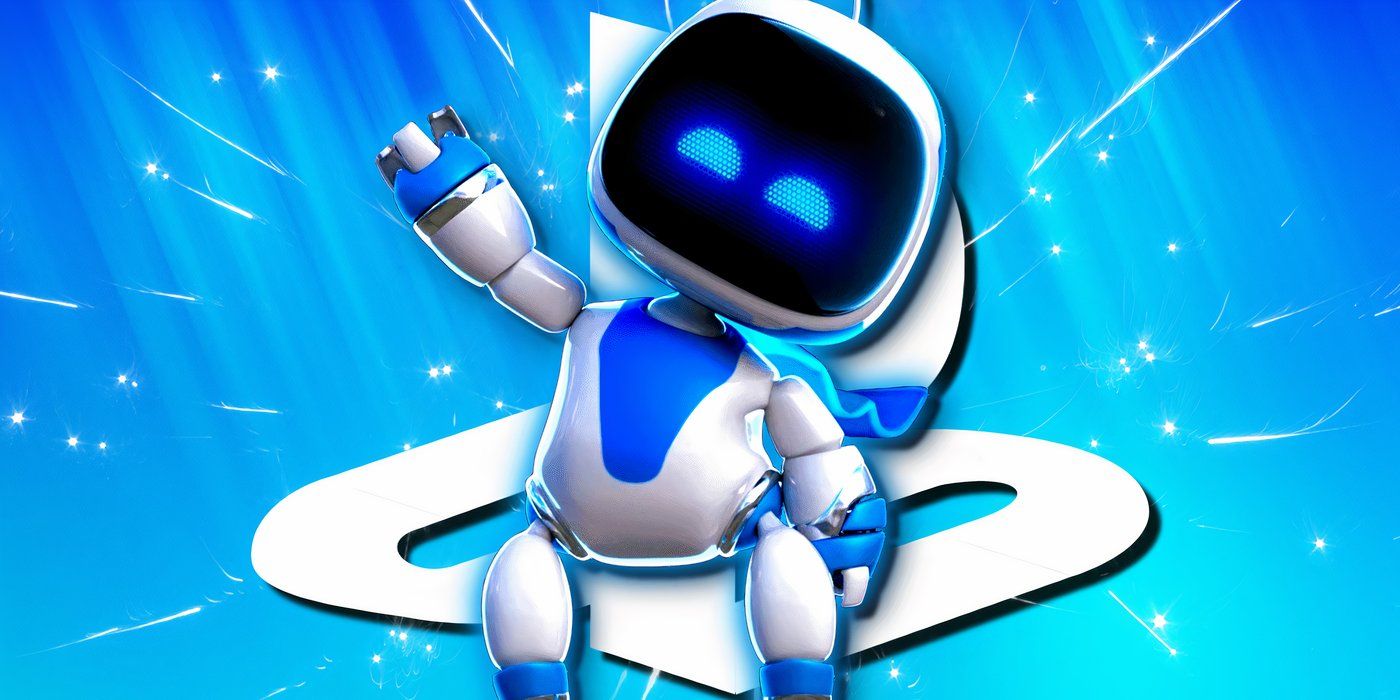PlayStation's Astro Bot looks happy in front of a blue background with the PS logo behind them.
