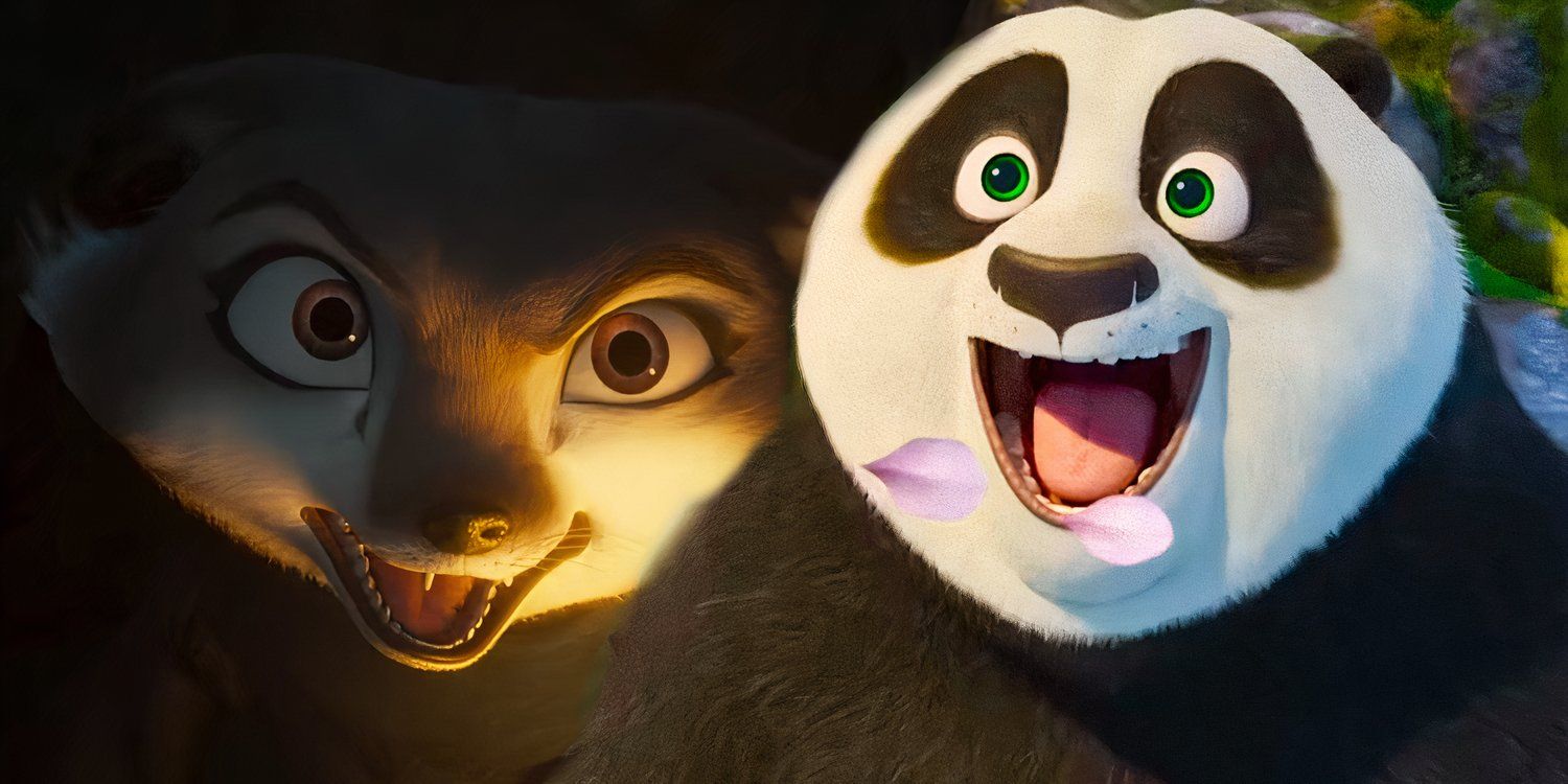Zhen looking mysterious near a light and Po looking very happy at Cherry blossom petals in Kung Fu Panda 4