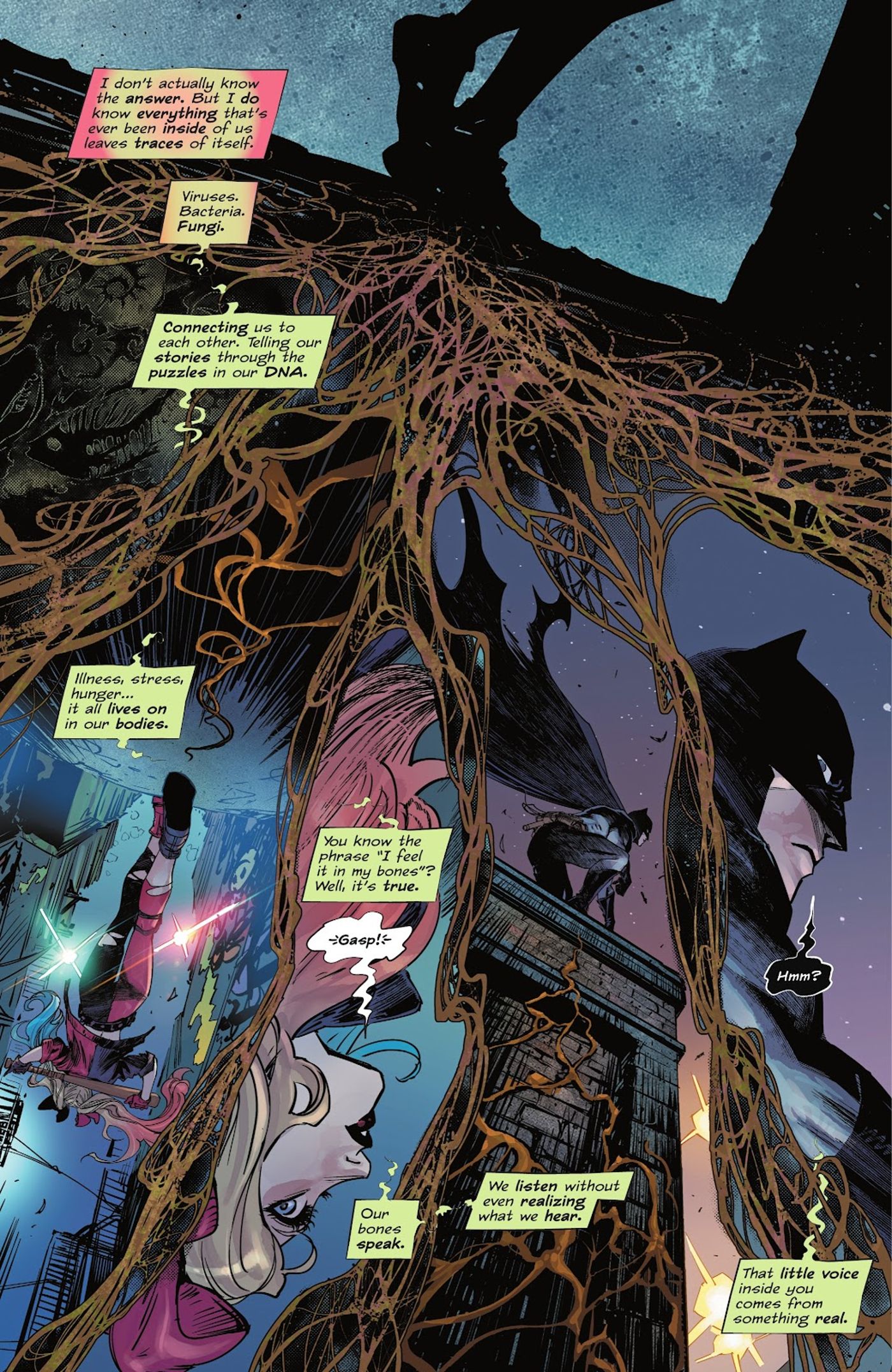 Poison Ivy descreve como todas as coisas vivas estão conectadas.  As raízes conectam o painel.  Batman olha para cima de um telhado. 
