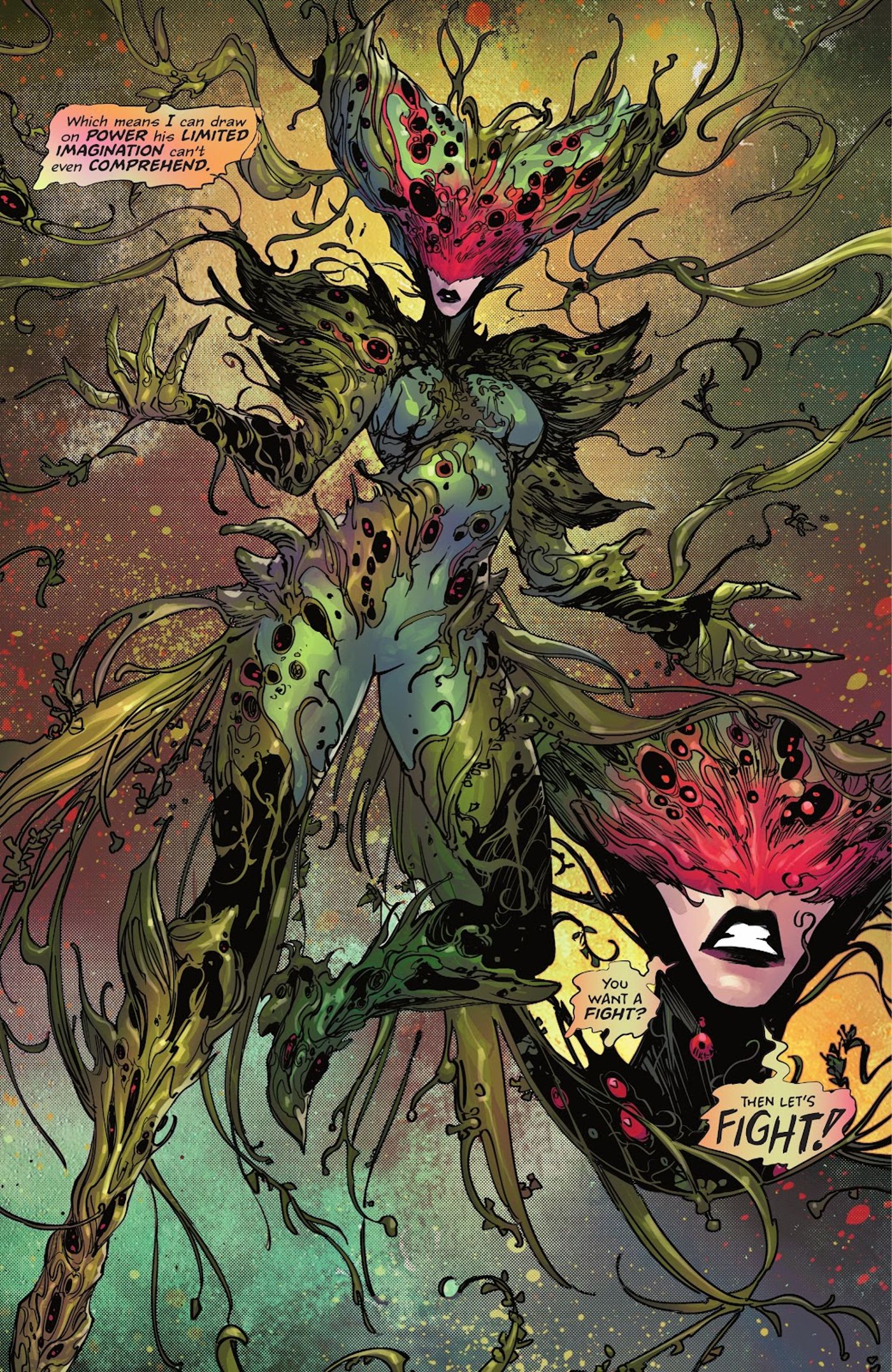Poison Ivy usa uma armadura de casca de árvore e videiras e cria um capacete alto feito de material orgânico vermelho.  Sua boca é visível. 