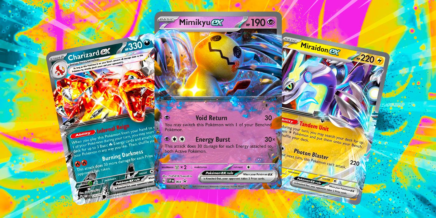 Mimikyu ex, Charizard ex, and Miraidon ex Pokémon cards on a vibrant teal, yellow, and pink background.