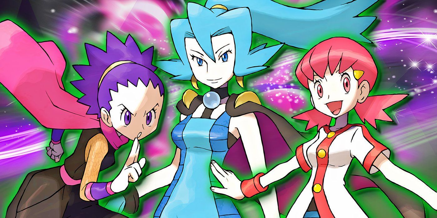 Janine, Clair, and Whitney from Pokémon pose next to each other with a sparkling effect behind them.