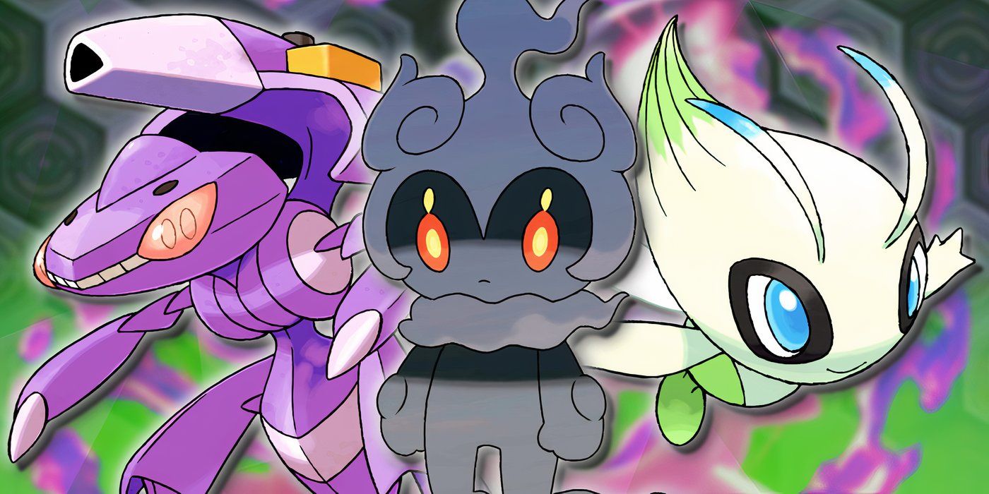 The Pokemon Genesect, Marshadow, and Celebi next to each other.