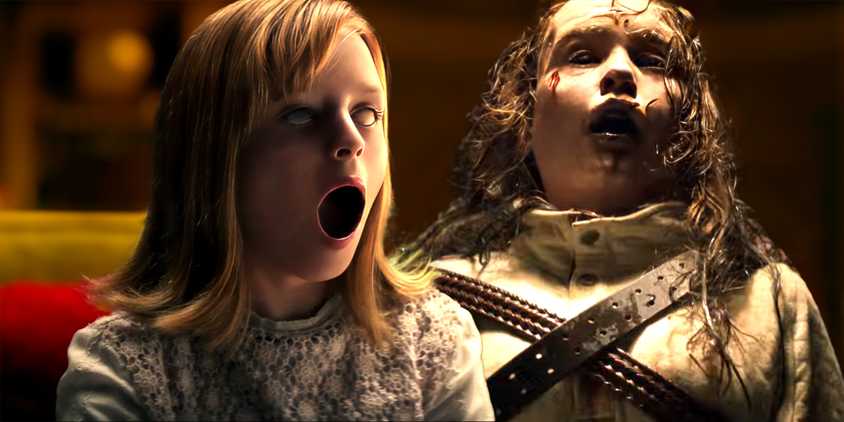 Possessed Doris from Ouija Origin of Evil next to Possessed Katherine in The Exorcist Believer