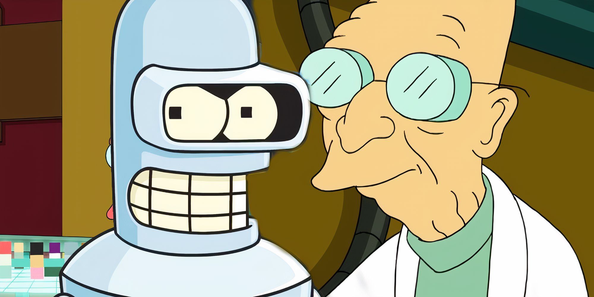 Bender smiling next to Professor Farnsworth smiling in Futurama