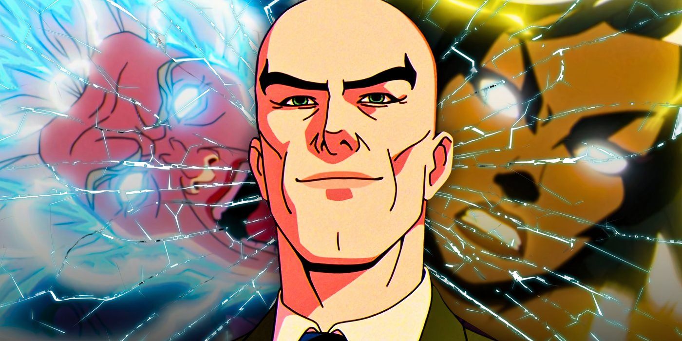 Professor X from X-Men '97 in front of a shattered image of Magneto and Storm