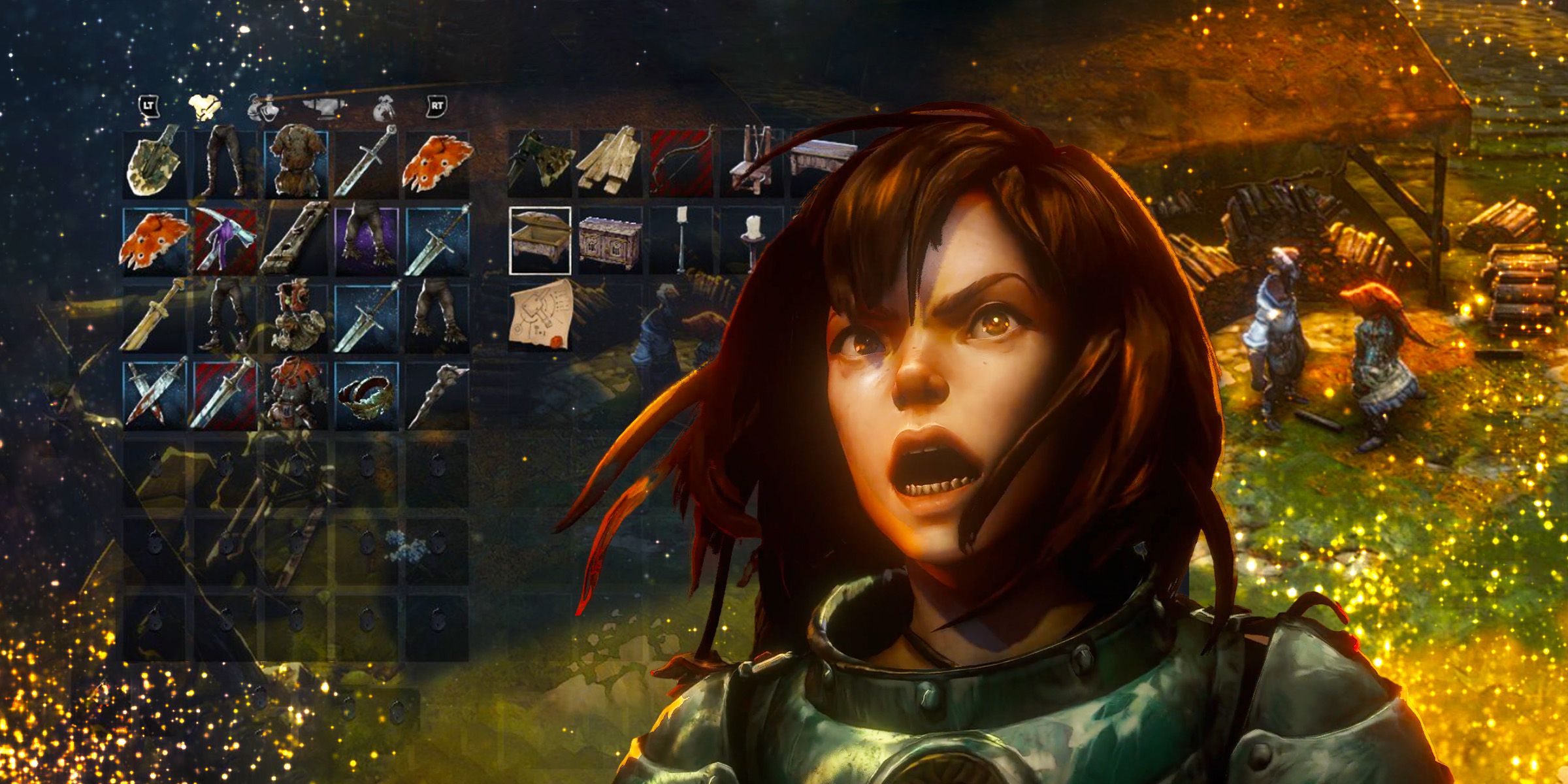 Protagonist with the inventory screen No Rest For The Wicked.