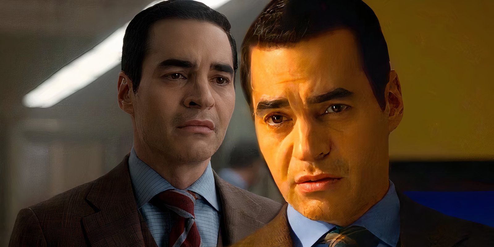 Ramón Rodríguez as Will looking sad next to Will looking suspiciously at a witness in Will Trent season 2