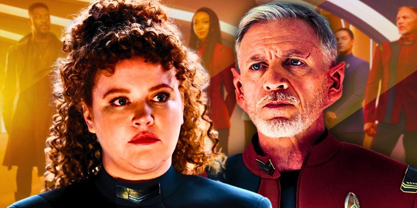 Lt Tilly and Commander Rayner in front of the cast of Star Trek Discovery